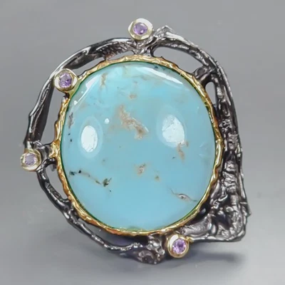 Broche Turquesa Natural Hecho a Mano 24 quilates+ Plata de Ley 925/NB29957 Foto 1 de 4