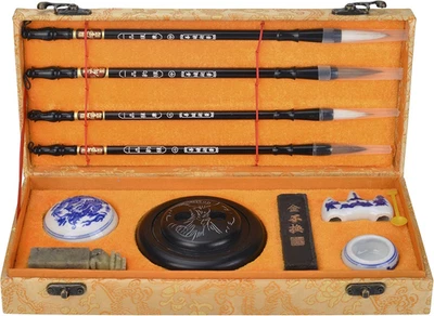 Chinese Calligraphy Set for Beginners with 4 Brushes, Ink Stone, Ink Stick, Red  - Image 1 of 4