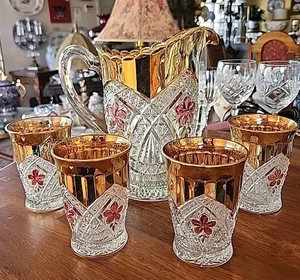 Pressglas Blume Medaillon Jungfrauen Rouge gebeizt Wasserkrug Set Indiana  - Bild 1 von 19