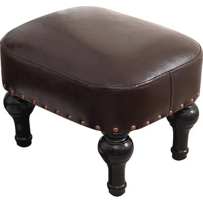 Brown Leather Vintage Upholstered Footrest - Rubber Wooden Sofa Foot Stool - Image 1 of 4