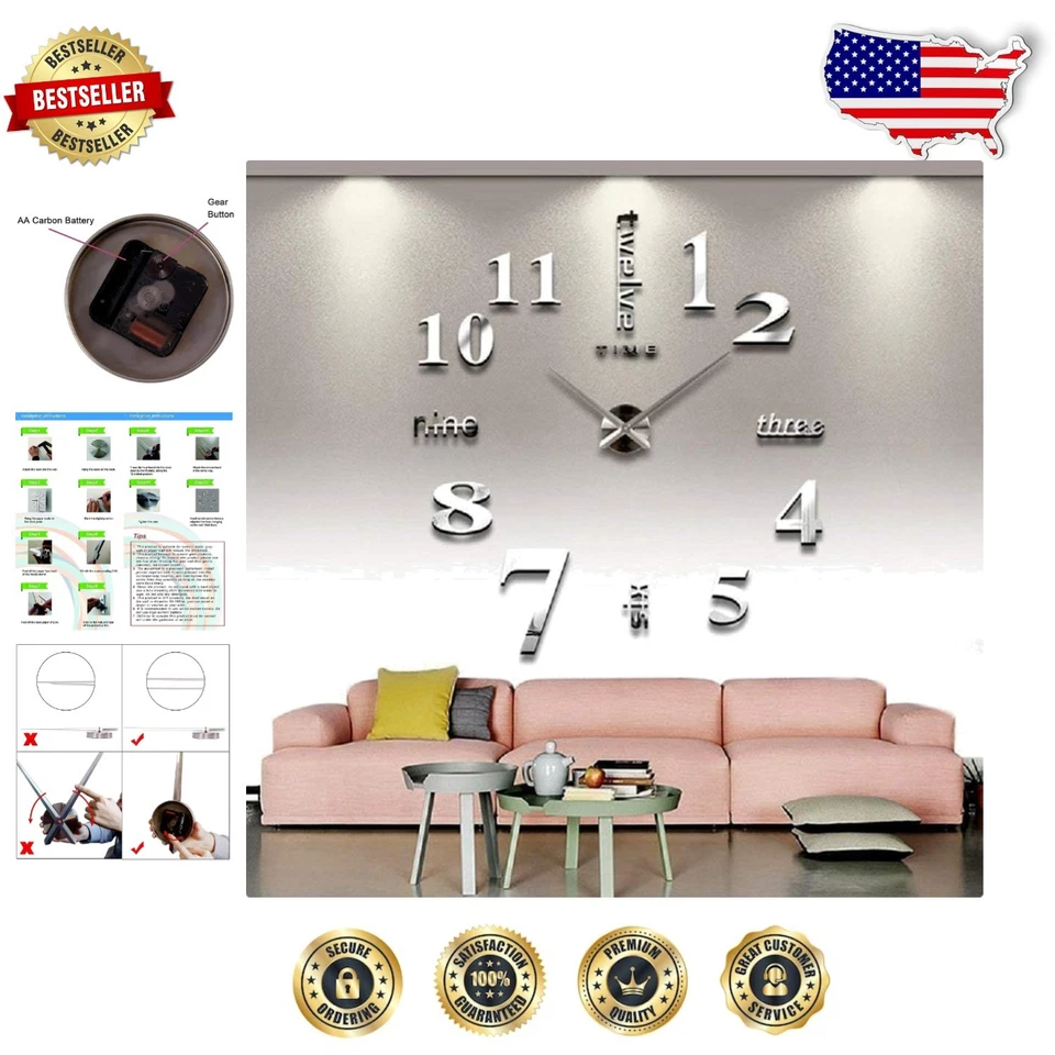 CoZroom Modern Frameless Large 3d DIY Wall Clock Kit Decoration Home for Living