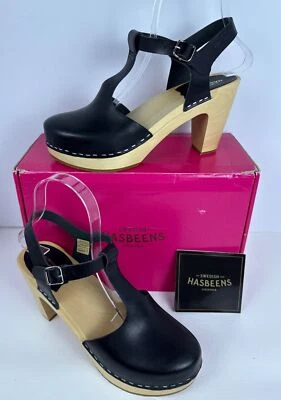 Swedish Hasbeens Womens 33601 T-Strap Sky High Black Leather Wooden Sandal SZ 39 - Image 1 of 4