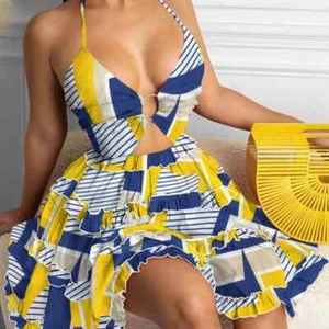 Mini Vestidos de Verano Cuello Halter Mujeres Sexy Profundo Cuello en V Hueco Espalda Sin Vestido - Imagen 1 de 28