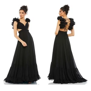 MAC DUGGAL 67911 dress black 8 lace up wedding formal prom chiffon ruffle NWT - Picture 1 of 19