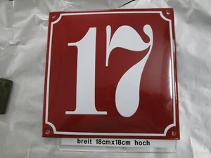 Hausnummer Emaille Nr 17 weiße Zahl roter Hintergrund 18 cm x 18 cm Baujahr 2021 - Picture 1 of 12