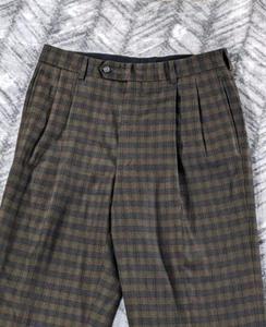 Jos A Bank Gingham Check Brown Gray Flannel Pleated Cuffed Dress Pants 31 X 31 - Picture 1 of 11