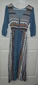 Geometric Long Sleeve Maxi Split Button Up Dress Empire Waist Womens XL Boho Hip - Picture 1 of 7