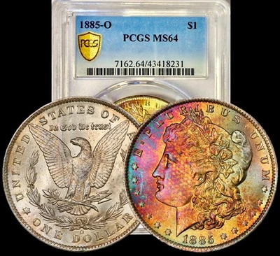 1885-O Morgan Silver Dollar PCGS MS64 Red Gold Textile Bank Bag Rainbow Toned - Image 1 of 4