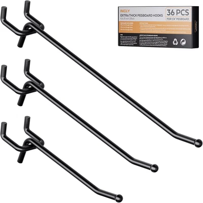 36 Pack 4/6/8 Inch Black Pegboard Hooks, 1/4" Heavy Duty Peg Board Shelving Hook - Image 1 of 4