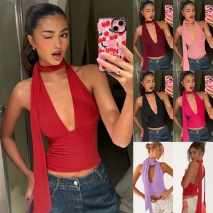 New Women's SEXY Shirts Halters Scarf V Neck Crop Tops Summer Tee Backless Vest - Picture 1 of 35