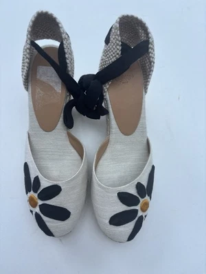 Castaner Espadrilles 38 Beige Tan Floral Heels Lace Up Shoes - Image 1 of 4