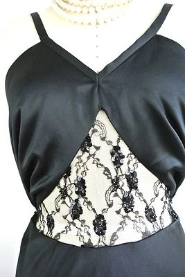 Vintage Style Black Maxi Formal Dress S Open Stomach Lace Sheath backless a line - Image 1 of 4