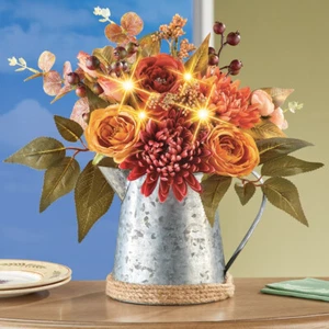 LED Lighted Fall Mums Arrangement in Watering Can Table Centerpiece Home Decor - Picture 1 of 4