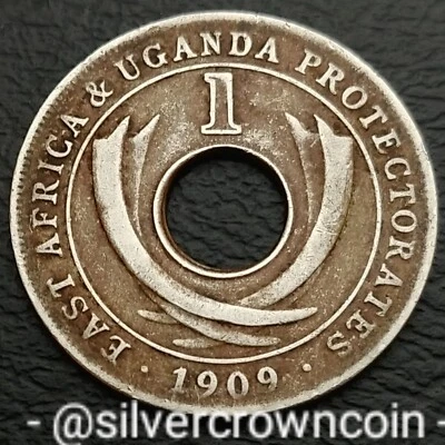 East Africa  & Uganda 1 Cent 1909. KM#5a. Holed 1 Penny coin Edward VII Tusks D - Image 1 of 4