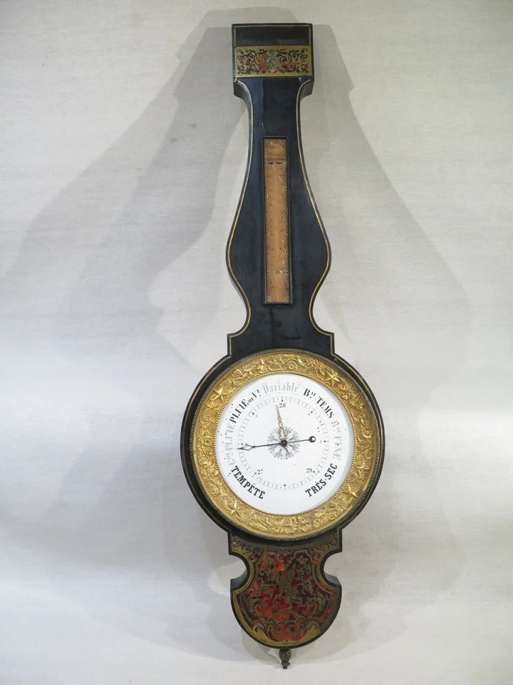 ANCIEN GRAND BAROMETRE THERMOMETRE NAPOLEON III MARQUETERIE BOULE BRONZE DORE - Photo 1/1