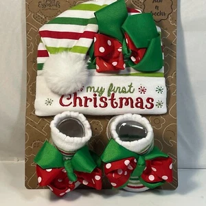 My First Christmas Hat & Sock Set 0-12 M Red Green White Girls Bows Stripes New - Picture 1 of 5