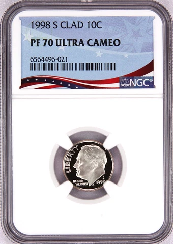 1998-S Proof Roosevelt Dime, Graded PF70UC NGC * OSR Patriotic Exclusive Label Cover