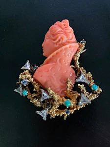 22k Elizabethan Hand Carved Coral Brooch/Pendant Diamonds Sapphires - READ - Picture 1 of 6