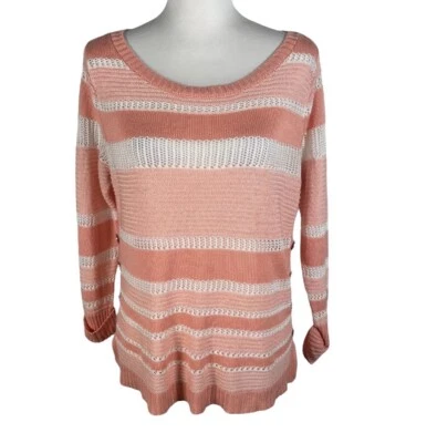 New York & Company Pink White Stripes Round Neck Open Weave 3/4 Sleeve Sweater S - Image 1 of 4