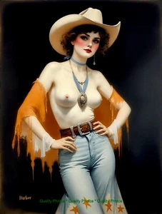 Nude Texas Cowgirl in Blue Denim 8.5x11" Photo Print Style of Icart/Harker Art - Bild 1 von 1