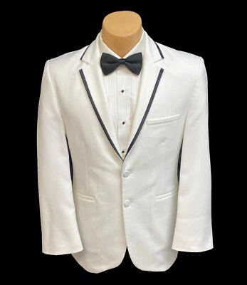Chaqueta de esmoquin Savoy blanca para hombre con pantalones negros delanteros planos ribete satinado 41R 35W Foto 1 de 4