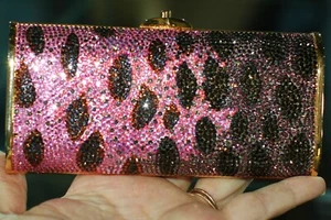 Borsa a tracolla pochette Judith Leiber SWAROVSKI CRISTALLO ROSA VIOLA ORO SCATOLA LEOPARDO - Foto 1 di 12