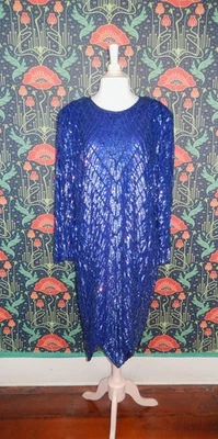 Vintage 80's 90's Royal Blue Sequin Beaded Silk Drag Glam Dress 2X - Image 1 of 4