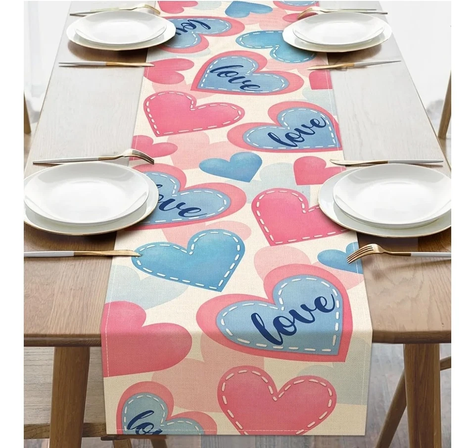 Corredor de Mesa Amor Día de San Valentín, Mesa de Comedor Cocina Corazones Rosa Azul... Foto 1 de 2