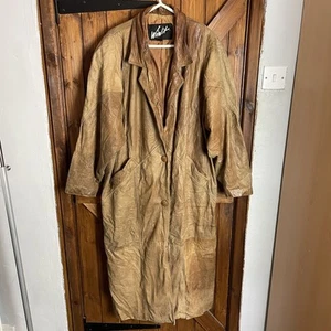 Winlit Vintage Mens Brown Leather Long Oversized Distressed Trench Coat Medium - Picture 1 of 13