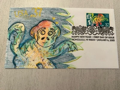 Feliz Año Nuevo Mono 2005 dibujado a mano Cachet Katelyn Marks Junior Cachetmaker Foto 1 de 2