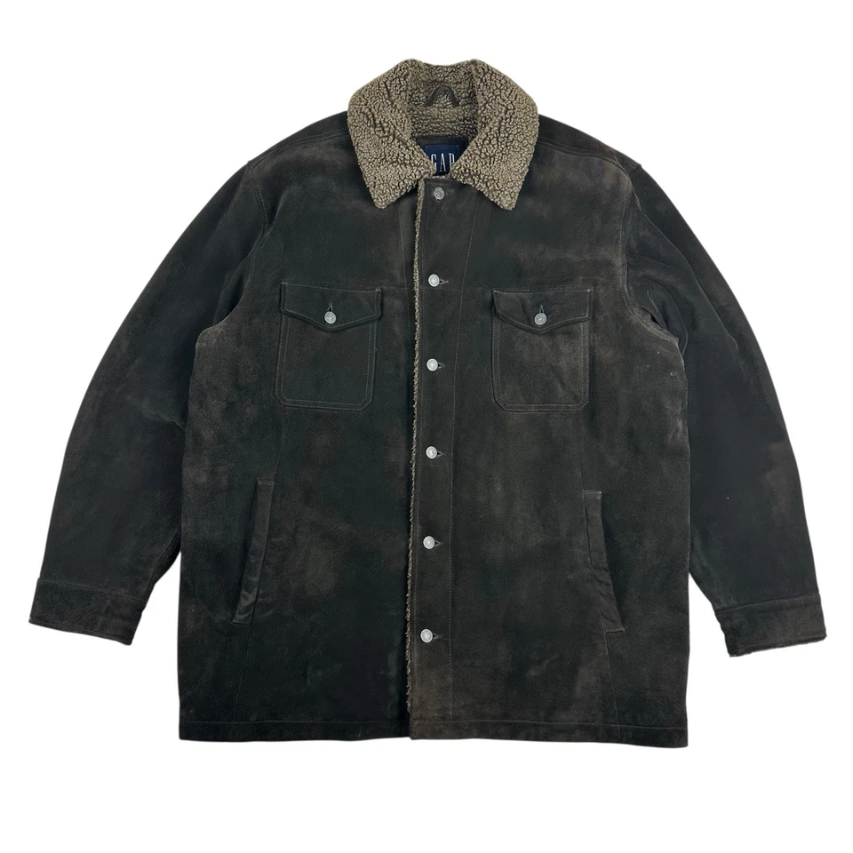 Gap Calf Suede Coat Mens XL Fleece Lined Vintage 2002 Brown Quilted - Image 1 of 4