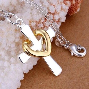 Silver Plated Crucifix Cross & Gold Heart Necklace 925 19 inches Christ God - Picture 1 of 9