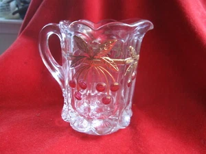 ANTIQUE SMALL CUT GLASS  GOLD FLORAL WITH RED BERRIES CREAMER - Picture 1 of 10