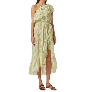 NWT Misa One Shoulder Rumi Green White Blossom Chiffon Midi Dress Size Large - Picture 1 of 11