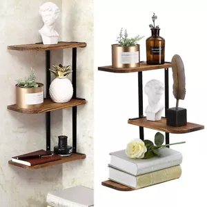 Rustic Corner Wall Shelf 3 Tier Wooden Floating Shelves Iron Bracket Holder Deco - Picture 1 of 12