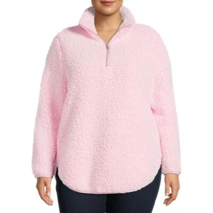 Hoodie Women's Plus Size Quarter-Zip Faux Sherpa Pullover Baby Pink - Picture 1 of 3