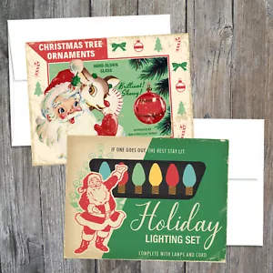2 tarjetas de notas de regalo retro de Navidad con luces de árbol de reno de Papá Noel en blanco #C10 - Imagen 1 de 4