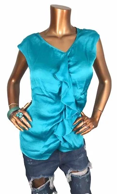 NY COLLECTION L Top Novo com etiquetas $46 Teal Ruffled Lite Wgt Blusa Casual Sem Mangas Macia - Imagem 1 de 4