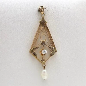 Art Nouveau 14k Rose Green Gold Natural Old Mine Cut Diamond Pearl Charm Pendant - Picture 1 of 5