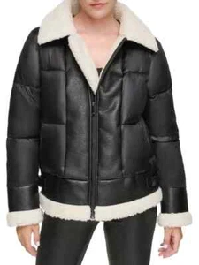 Andrew Marc Faux Leather & Faux Shearling Puffer Jacket BLACK , Medium Women - Picture 1 of 3