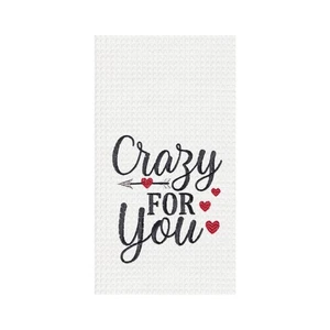 Valentine's Day "Crazy For You" Embroidered Waffle Weave Kitchen Dishtowel - Picture 1 of 3