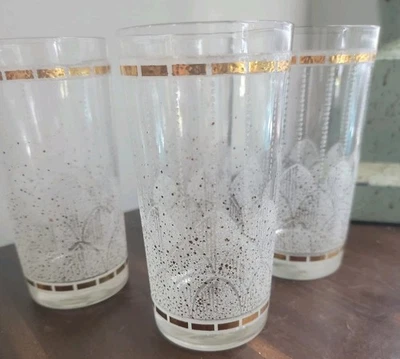Mid Century Art Deco Confetti Gold Frosted White Drinking Bar Glasses Tumblers 4 - Image 1 of 4