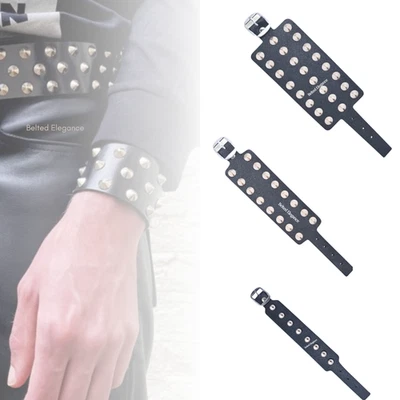 Genuine Leather Brass Studded Wristband Cuff-Adjustable Punk Biker Rock 3 Styles - Image 1 of 4