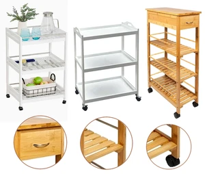 2/3/4 Tier Bamboo Wooden Kitchen Cart Island Food Serving Trolley Rolling Wheels - Picture 1 of 42