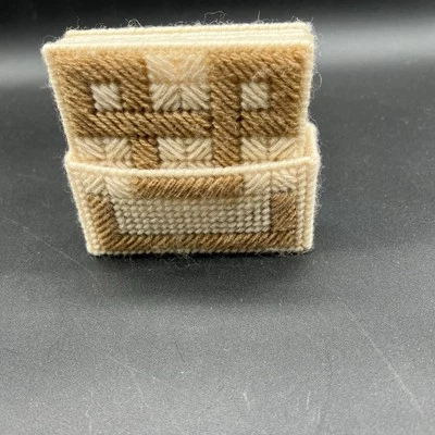 Vintage Handmade Granny Cross Stitch 4 Coaster Set with Holder Neutral Colored - Image 1 of 4