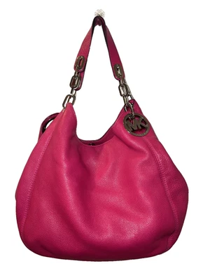 Michael Kors Fulton Fuchsia 粉红色 大号 皮革 链条 单肩包 重型 — 第 1/4 张图片