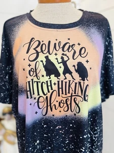 Beware of Hitchhiking Ghosts Halloween T-Shirt Women Funny Spooky Graphic Tee - Picture 1 of 3