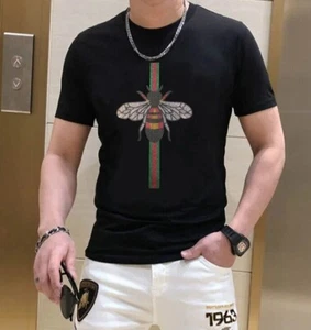 New Fashion Diamond Bee Rhinestone Short Sleeve Luxury Men T-Shirt Black White - Picture 1 of 10
