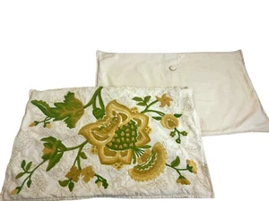 Pottery Barn 2 Pillow Covers Crewel Embroidery Floral Gold Green Fall Autumn - Picture 1 of 8
