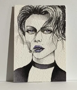 Original ACEO hand painting by Viviana Scala. Asia with cigarette. - Picture 1 of 3